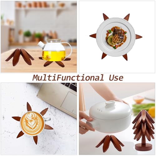 ALIKITCN Walnut Wood Christmas Tree Trivet Set – 4 Foldable Wooden Hot Dish Stands