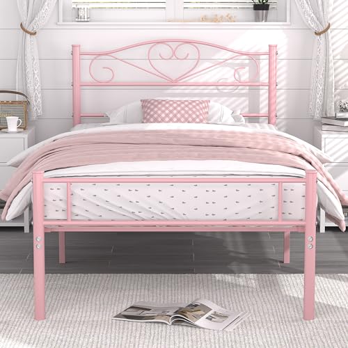 Pink Twin Size Metal Platform Bed Frame with Headboard & Footboard, Heavy Duty Support