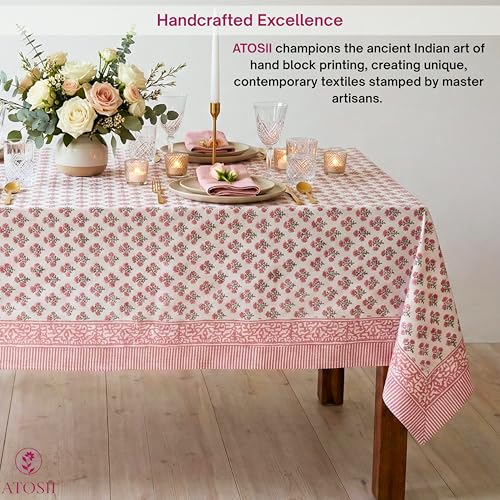 ATOSII Gulbahar White Pink 100% Cotton Fall Rectangle Tablecloth,