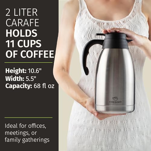 Cresimo 2L / 68oz Thermal Coffee Carafe - Silver Insulated Hot & Cold Beverage Dispenser