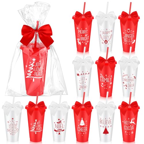 Potchen Reusable Christmas Plastic Cups with Straws & Lids 12 Pack - Red & White