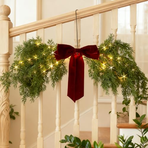 Battery-Operated Lighted Christmas Swag with Timer, Cedar Pine 32in Decor with Fairy Lights & Red Bow