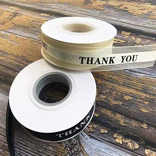 2 Rolls Satin Organza Ribbons for Thanksgiving Father's Valentine's Day Gift Wrapping,1 Inch by 25 Yard Thank You Printing,Wedding Favor Cake Decoration Handmade Crafts (Black+Champagne)