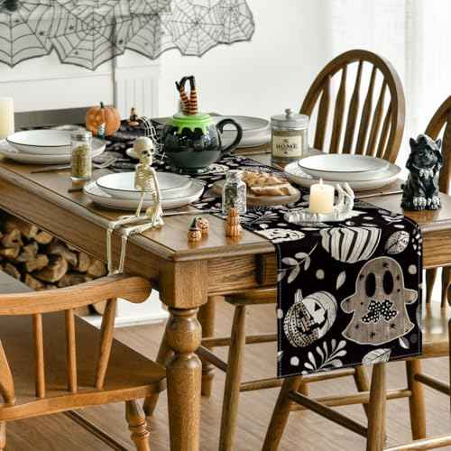 Artoid Mode Ghost Pumpkin Leaves Eucalyptus 210 GSM Halloween Table Runner,Seasonal Fall Kitchen Dining Table Decoration for Home Party Decor 13x90 Inch