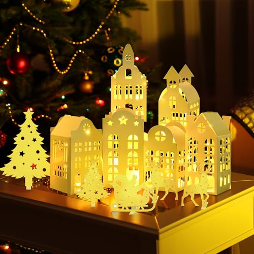 Christmas Village Houses Decor Set with Trees Reindeer Sleigh & Lights - Holiday Tabletop Display