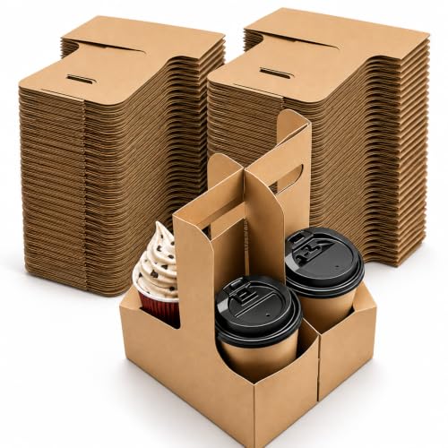 Kaderron 100 Pack Drink Carrier with Handles, 2/4 Cup Foldable Cardboard Holder
