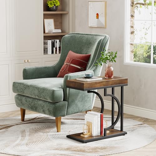 Tribesigns Brown and Black C-Shaped Side Table for Couch - Modern Narrow End Table