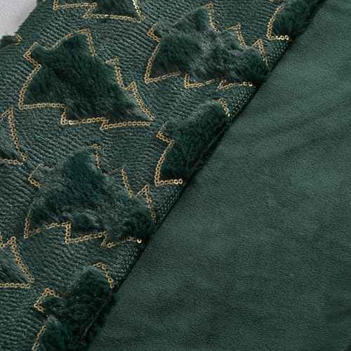 Volcanics Dark Green Christmas Tree Decorative Throw Pillow Covers 18x18 Inch Set of 2, Soft Plush Faux Fur with Sparkling Sequin Design, Luxury Throw Pillowcases for Couch Holiday Festivals