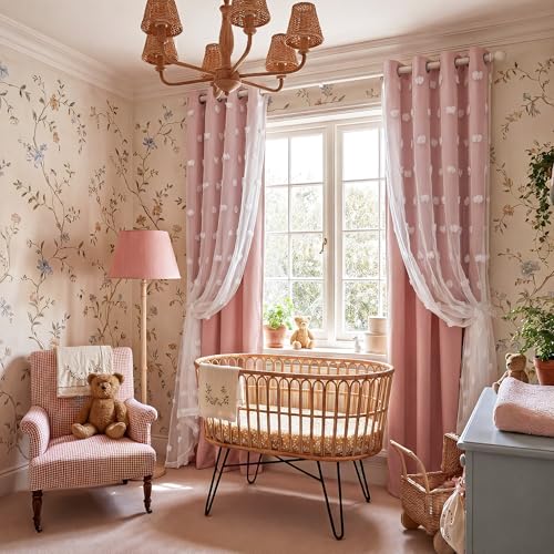 Pink Pom Pom Curtains for Girls Bedroom Nursery Room Darkening 52"W x 84"L - Pack of 2