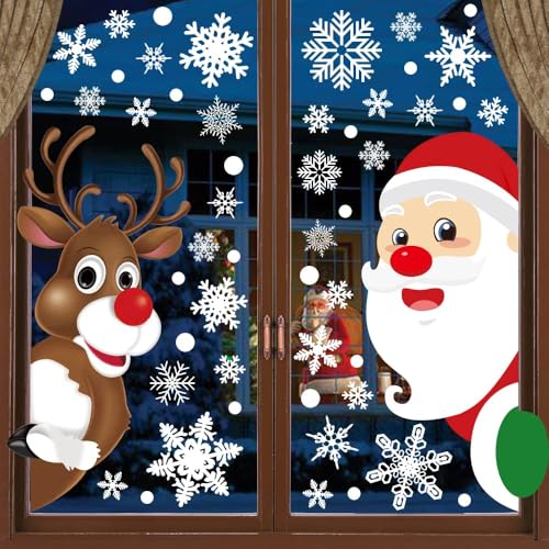 HINZER 310Pcs Christmas Window Clings Window Decorations Flakes Christmas Decals for Home Deer Santa Claus and Snowflakes