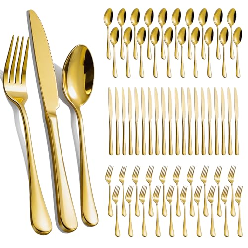 60-Piece Gold Stainless Steel Flatware Set - Service for 20, Mirror Polished, Dishwasher Safe