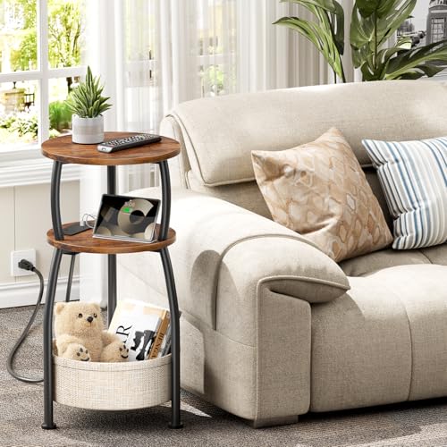 Yuede Rustic Brown Round Side Table with Charging Station - 11.81" Dia