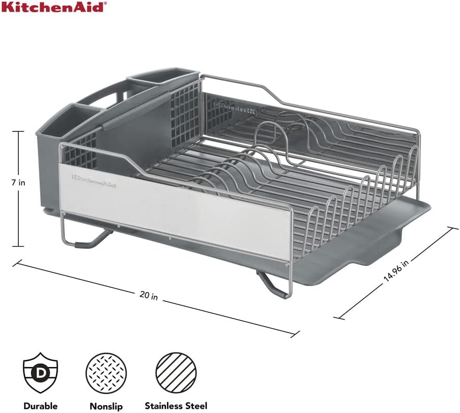 KitchenAid Large Capacity Dish Rack - Rust Resistant with Angled Drain Board & Removable Caddy | Light Grey