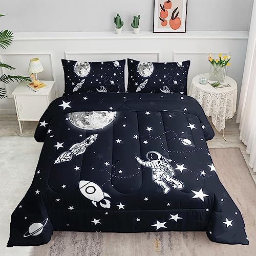 Datura home Kids Comforter Set Astronaut Space Rocket Printed Pattern Quilt Bedding Set with 1 Comforter and 2 Pillowcases for Girls Bedroom All Season(Space Rocket Full), Full 80x90inches
