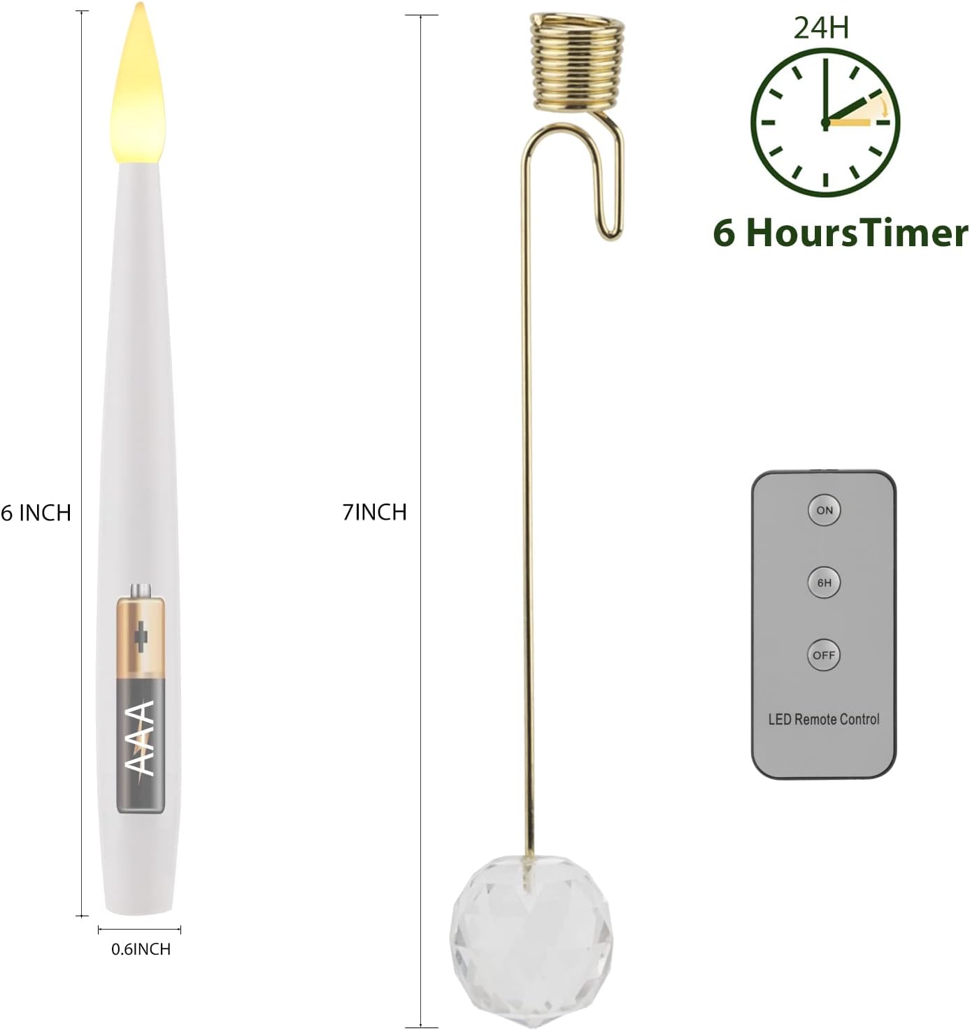 LUSHARBOR Flameless Taper Candles - 10 Pack LED Christmas Tree Decor with Remote & Crystal Ball Hook
