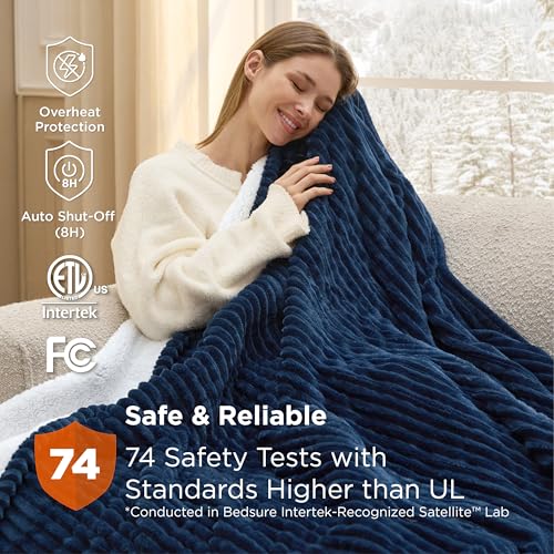 Bedsure Navy Twin Electric Blanket with Preheat Function - Soft Heated Throw