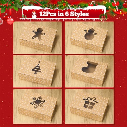 COTOPHER 12 Pcs Christmas Cookie Boxes with Window 9x6x3 inch Brown Bakery Boxes Snow-Xmas-Box-9x6x3-Brown-12