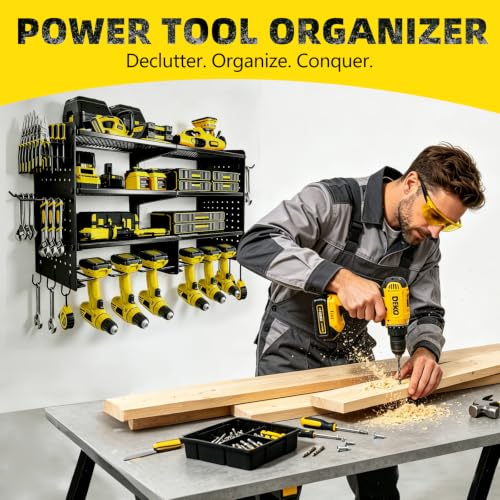 Black Power Tool Organizer Wall Mount 4-Tier Heavy Duty Storage Rack