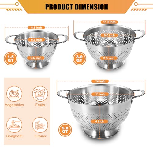 Stainless Steel Colander Set of 3 (1.5/3/5 Qt) - Rust-Resistant Mesh Strainers with Handles