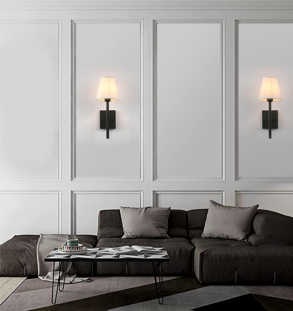 Pathson Set of 2 Hardwired Bathroom Wall Sconces with White Fabric Shade, Cloth Wall Mounted Lighting for Living Room Bedroom Hallway Matte Black Finish Base