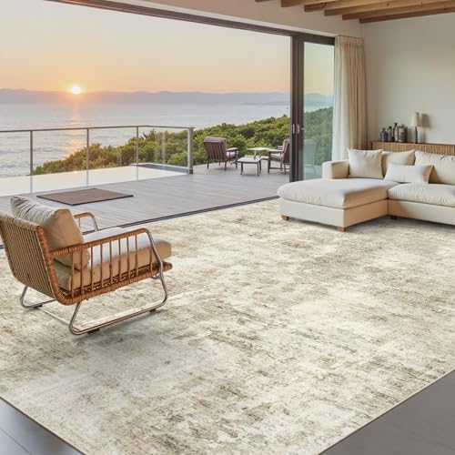 Large 8x10 Abstract Area Rug - Washable Beige & Gray Living Room Decor - Non-Slip, Pet-Friendly