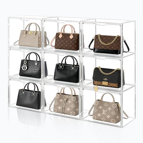 9 Pack Acrylic Purse Storage Organizer for Closet - Stackable, Clear Display Case, Magnetic Door, 14.2 x 8.7 x 10.6 Inches - Cutora