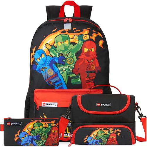 Ninjago Boys Backpack Set with Lunch Bag & Pencil Case - Red & Black, 3 Pieces