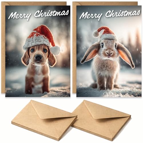 Old English Christmas Cards Bulk Pack 20 – Seasons Greetings, 6 Baby Animal Santa Images