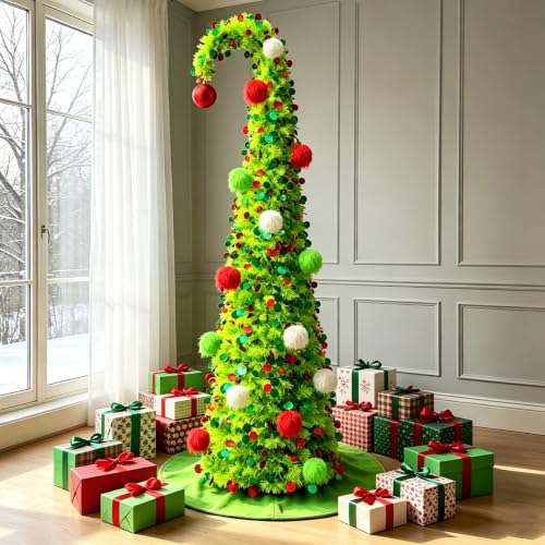 PUETUNG 6FT Green Whimsical Curved Pop-Up Christmas Tree with Lights & Ornaments