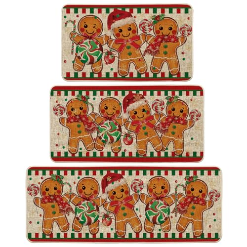 Artoid Mode Gingerbread Candy Cane Kitchen Mats Set of 3, 17x29/17x36/17x47 Beige