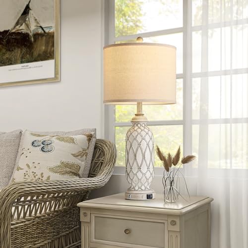 Ireliare 28-Inch Beige Farmhouse Table Lamps Set of 2 with USB Charging & Touch Dimmable Nightstand Lamps