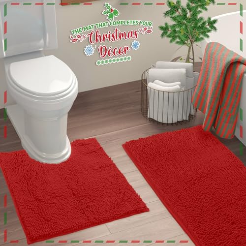 LuxUrux 2-Piece Christmas Chenille Bath Rug Set – Large Red, 24x36 + 20x24 U-Shaped Toilet Mat