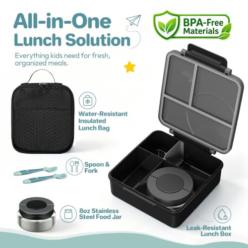 Kids Bento Lunch Box Set with 8oz Soup Thermo - Leak-Proof, 4-Compartment, Insulated Lunch Bag - Black