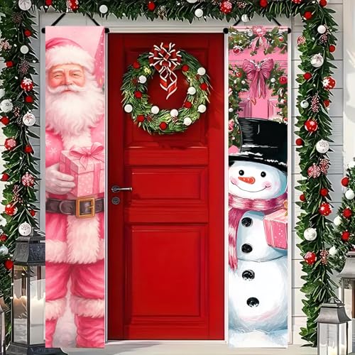 Pink Christmas Porch Banner - 12x71 Inch Welcome Santa Snowman Holiday Decor