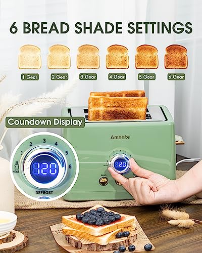 Amaste 2-Slice Retro Toaster with LED Display, Matcha Green, Extra Wide Slots
