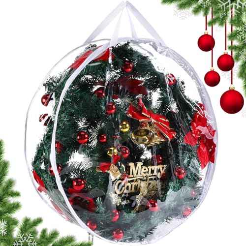 Shappy 1 Piece Clear Christmas Wreath Storage Container 24 Inches Xmas Wreath Storage Bag Plastic Christmas Garland Container with Dual Zippers and Reinforced Handles for Xmas Seasonal (Clear)