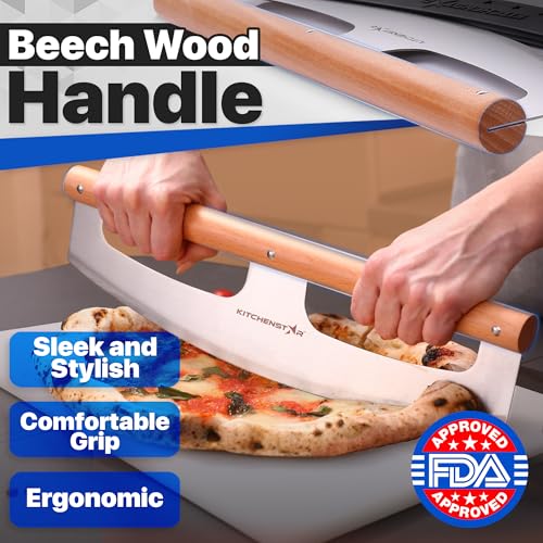 KitchenStar 16-Inch Silver Rocker Pizza Cutter with Beech Wood Handle & Protective Cover