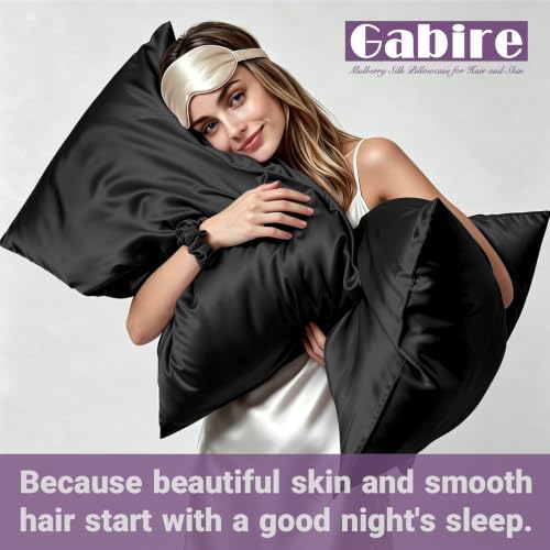 Mulberry Silk Pillowcases Set of 2 King Size 20x36 Black - Hidden Zipper, Organic Silk for Hair & Skin