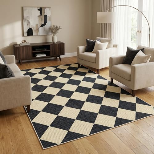 Dark/Coffee Checkered Area Rug 5x7 - Washable Living Room Rug, Non Slip, Pet Friendly