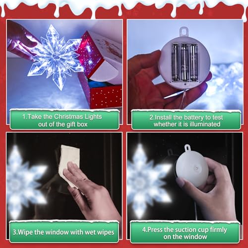 3Pack Christmas Window Lights Decorations with Timer,Battery Powered Christmas Hanging White Lighted Snowflake Shaped LED Sucker for 2026 Xmas Tree Fireplace Indoor Decor