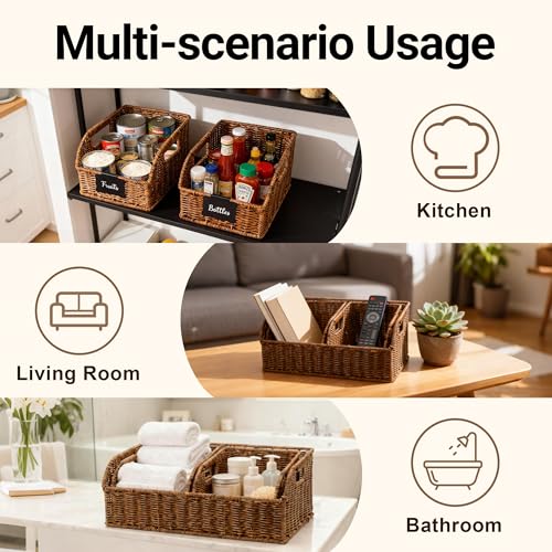 Brownlily Faux Wicker Pantry Storage Baskets - Brown, 3-Piece Set