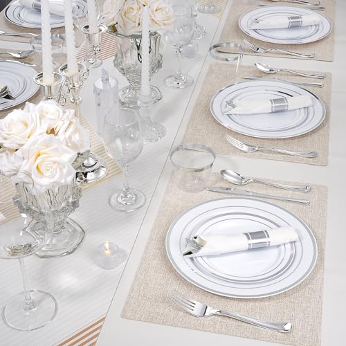 realluck 350 PCS White and Silver Plastic Dinnerware Set for 50