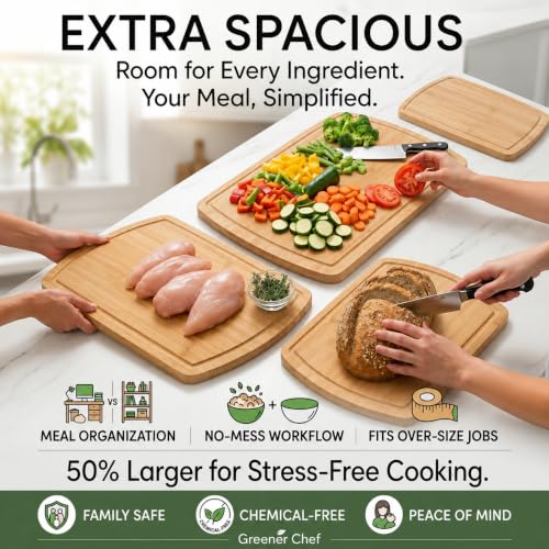 Greener Chef Extra Large Bamboo Cutting Board Set of 3 with Glue-Free Round Surfaces – Spacious, Non-Toxic Kitchen Chopping Boards
