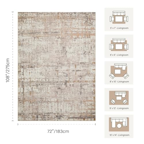 Washable 6x9 Beige Abstract Area Rug - Non-Slip Modern Living Room Decor