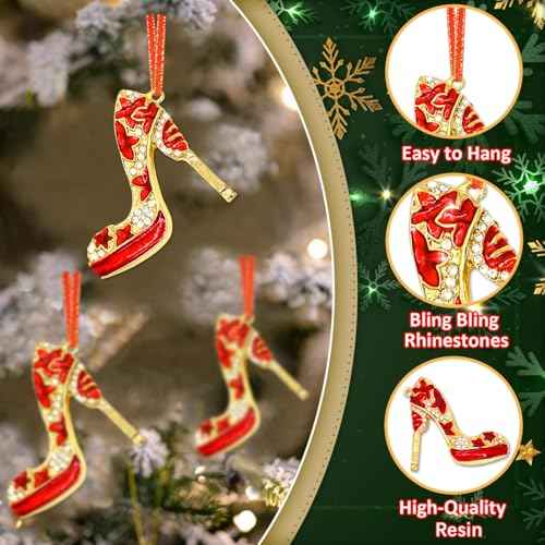 High Heel Shoe Christmas Ornaments Red Metal High Heel Ornaments for Christmas Tree Rhinestones Shoe Hanging Christmas Decorations Funny Christmas Ornaments for Women Girl Mom Sisters