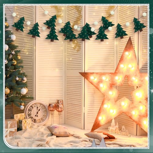 Christmas Garland with Felt Green Pine Trees & Wool Pompoms - 2 Pack