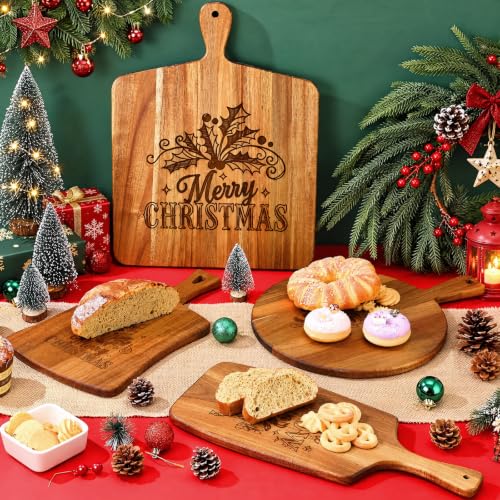 SiliFine Christmas Cutting Boards Set - 4 Acacia Wood Boards with Handles