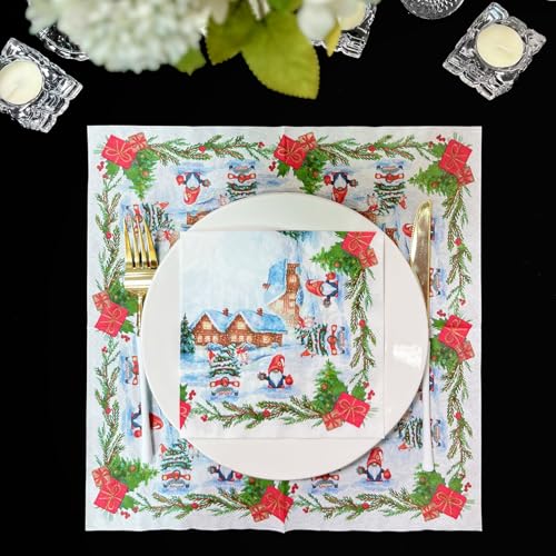 WRAPAHOLIC 25-Pack Christmas Paper Napkins with Gnome & Snow House Design, 6.5 x 6.5 Inch, 2-Ply - Red Gingerbread House Variant