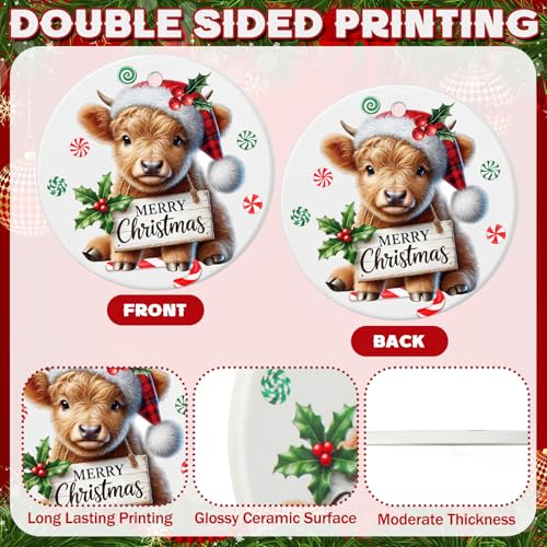 Vesici Highland Cow Ceramic Christmas Ornaments - 12pk with Hanging Ribbons