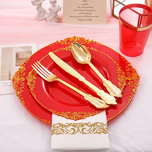Morejoy 175PCS Red & Gold Disposable Plastic Plates Set - Elegant Partyware